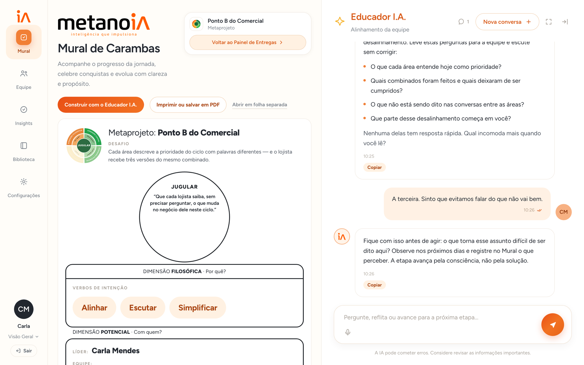 Painel de Caramba! da plataforma metanoIA