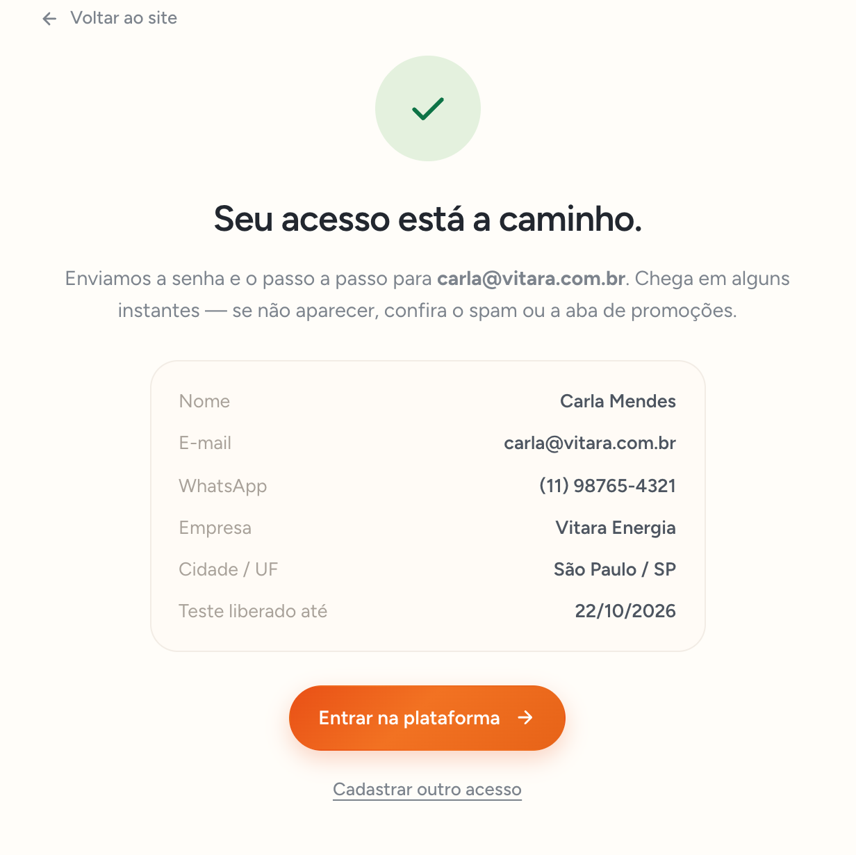 Confirmação de que o acesso foi criado