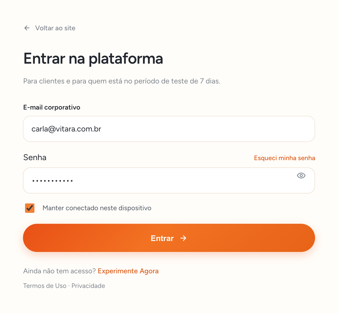 Tela de login preenchida
