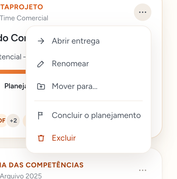 Menu de ações da entrega