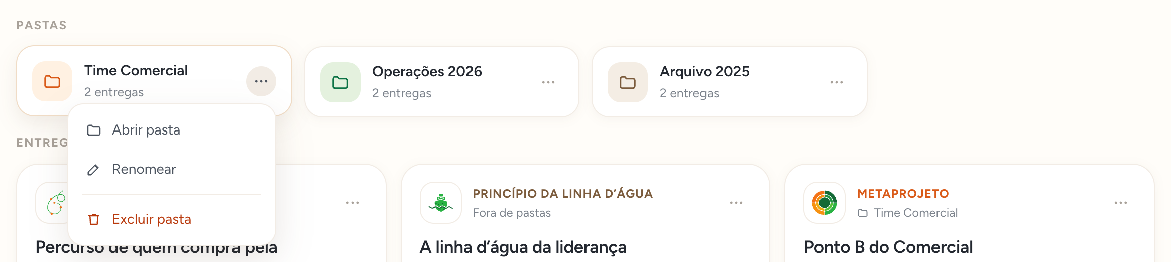 Pastas e o menu de uma pasta