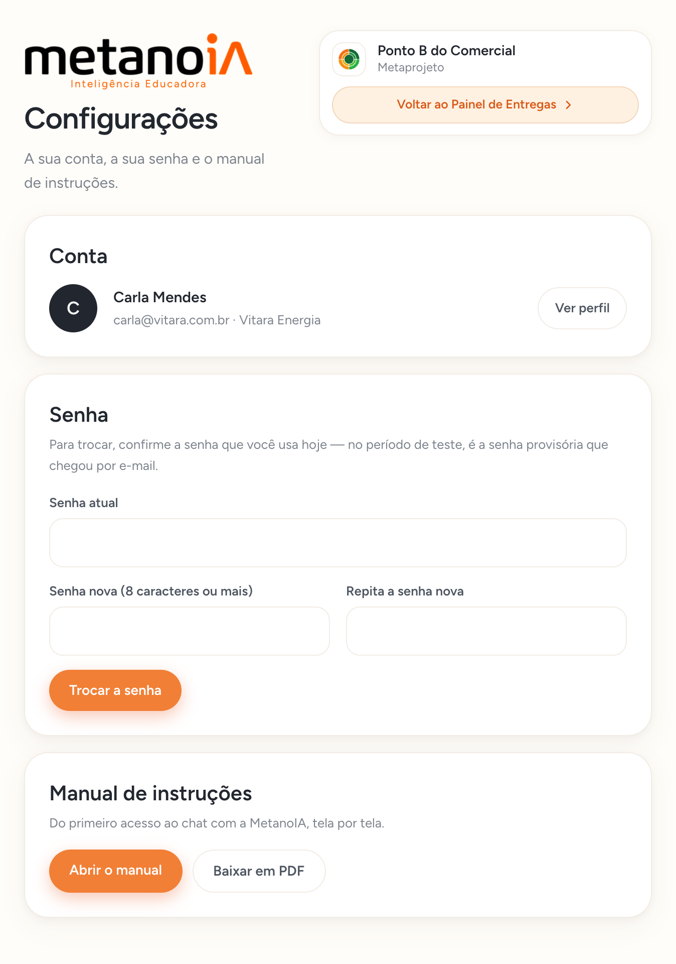 Vista Configurações com o bloco Senha